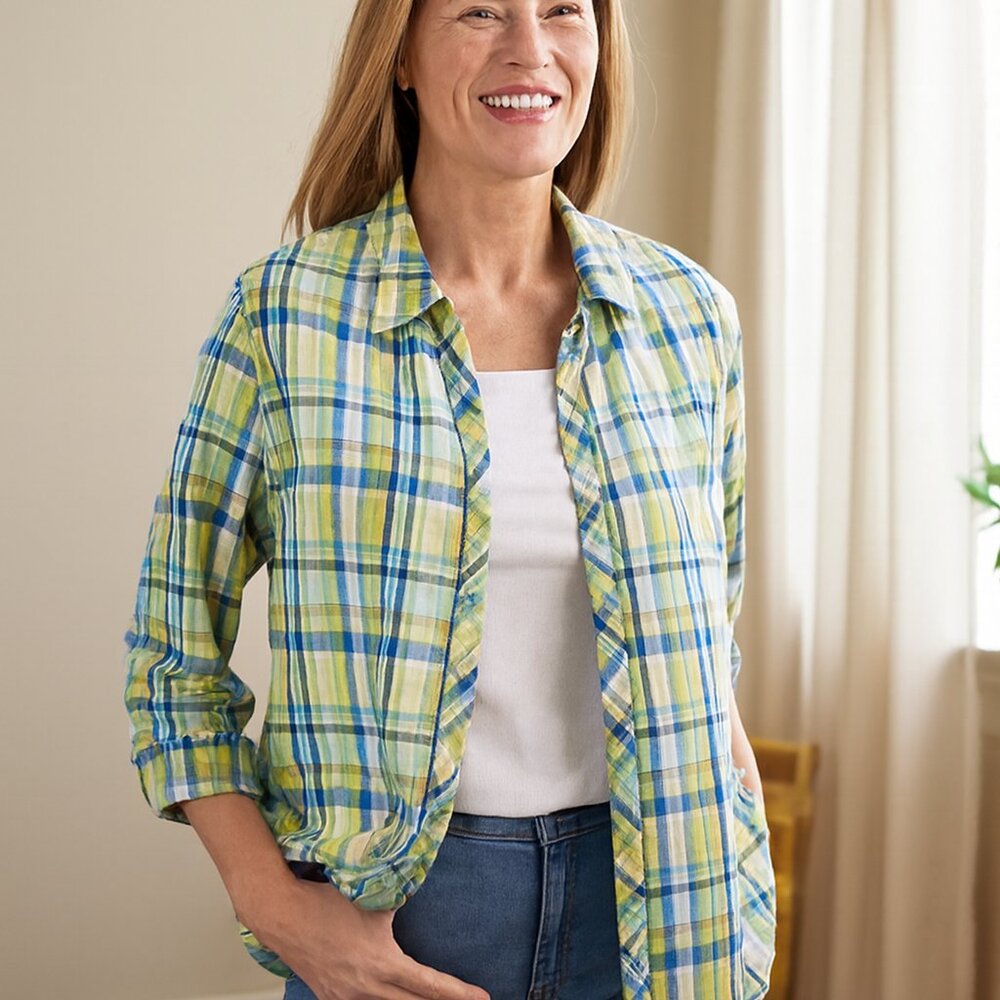 Alfred Dunner Women 20W V Neck 3/4 Sleeve Blue Green Plaid Work Chore Button Up